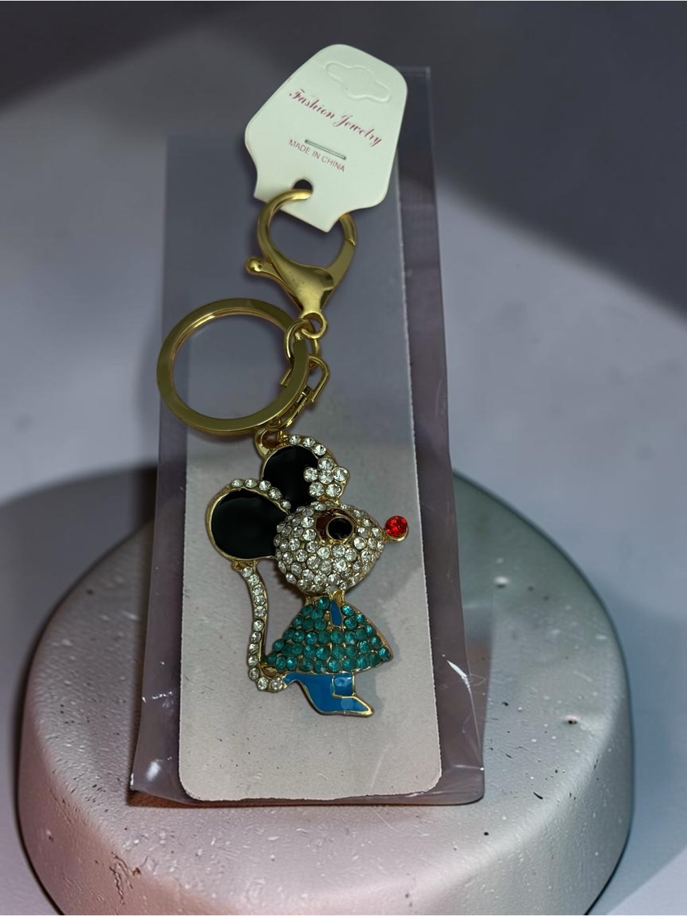 Rhinestone Mouse Keychain Purse Charm Turquoise Black Gold Tone NWT